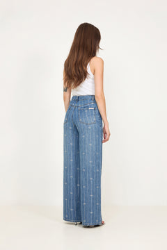 Rhinestone Stripe Denim Jeans - Light Blue