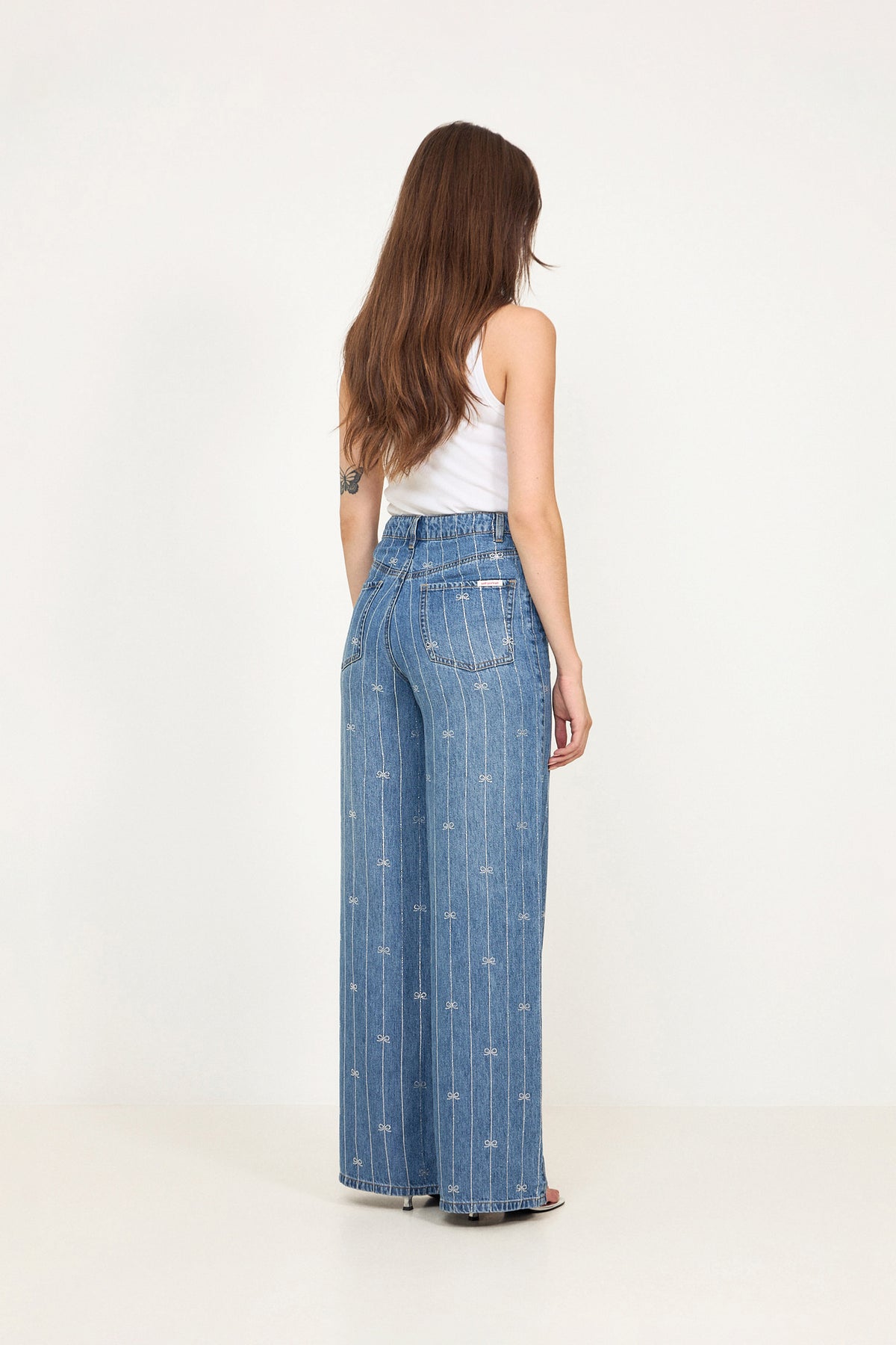 Rhinestone Stripe Denim Jeans - Light Blue