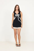 Crepe Bow Lace Mini Dress - Black
