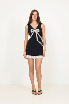 Crepe Bow Lace Mini Dress - Black