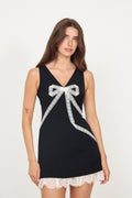 Crepe Bow Lace Mini Dress - Black