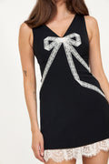 Crepe Bow Lace Mini Dress - Black