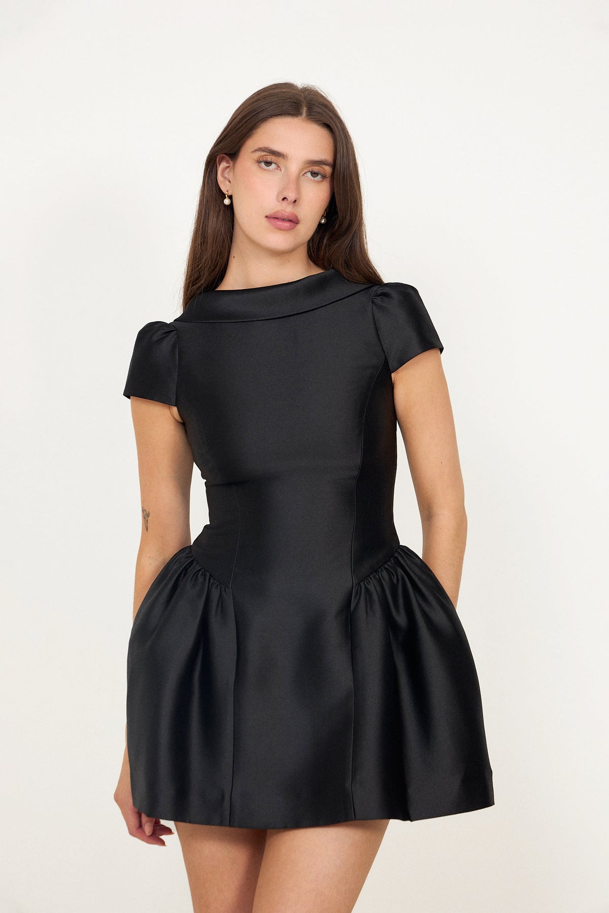 Taffeta Collared Mini Dress - Black