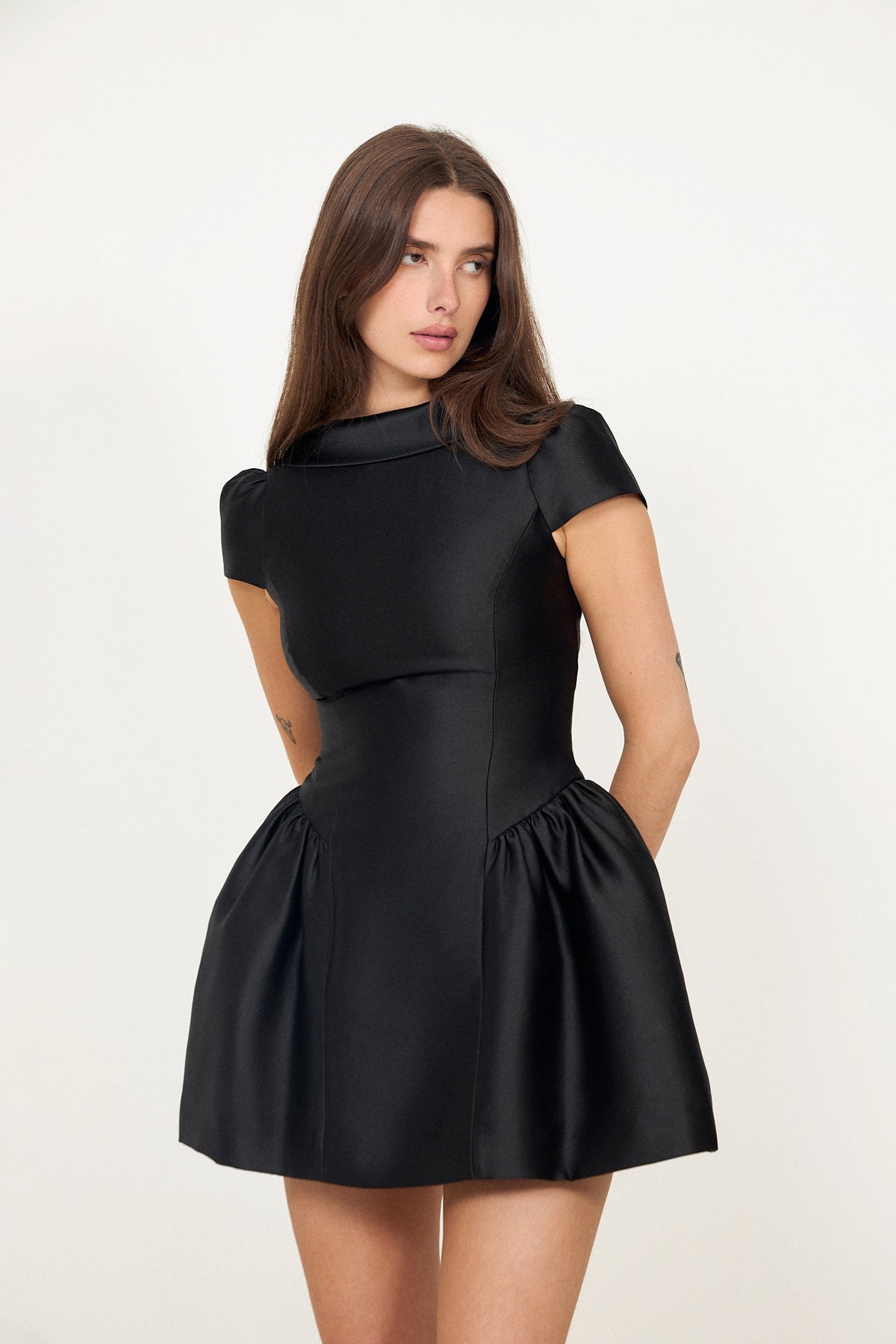 Taffeta Collared Mini Dress - Black