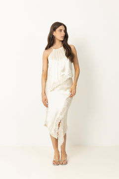 Madina Asymmetric Lace Hem Top - Pearl