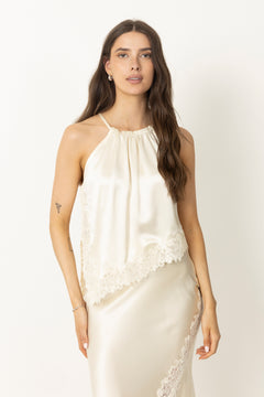 Madina Asymmetric Lace Hem Top - Pearl