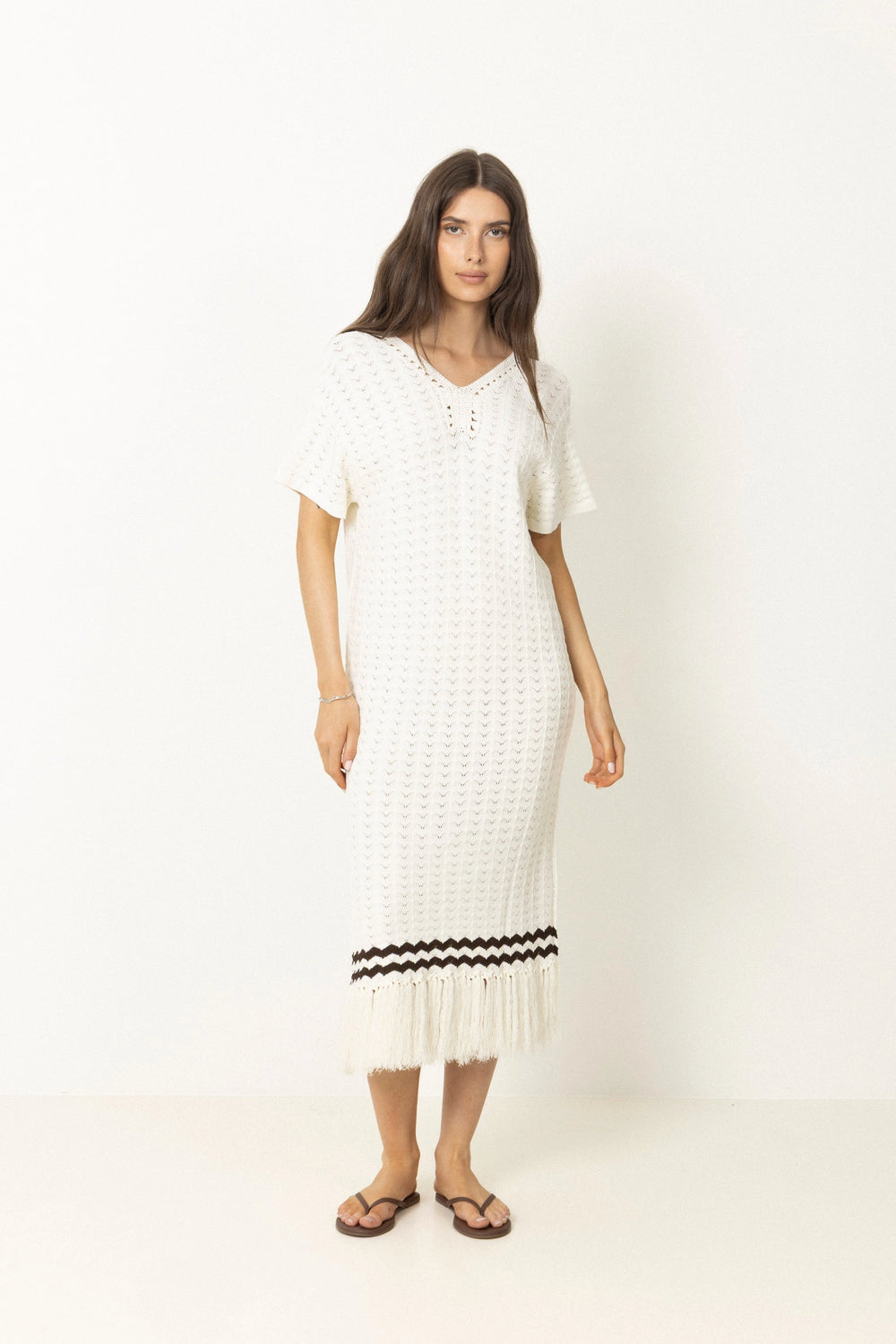 Kira Knitted Fringe Midi Dress - White