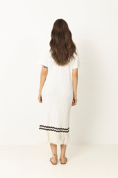 Kira Knitted Fringe Midi Dress - White