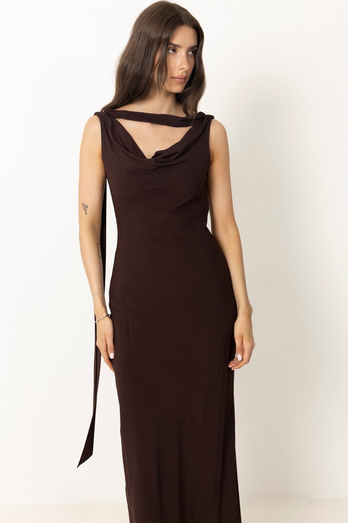 Vida Cowl Neck Scarf Maxi Dress - Espresso