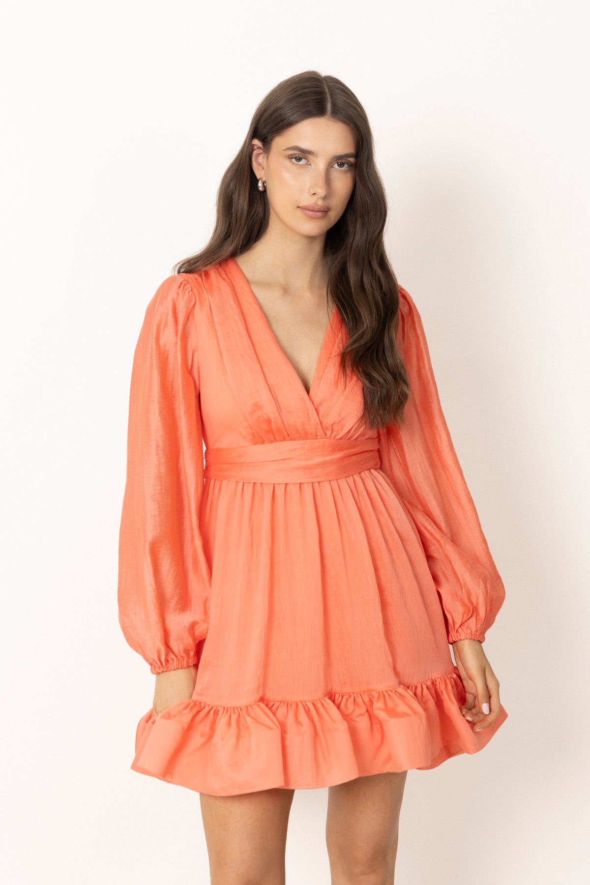 Jadie V-Neck Ruffled Mini Dress - Coral