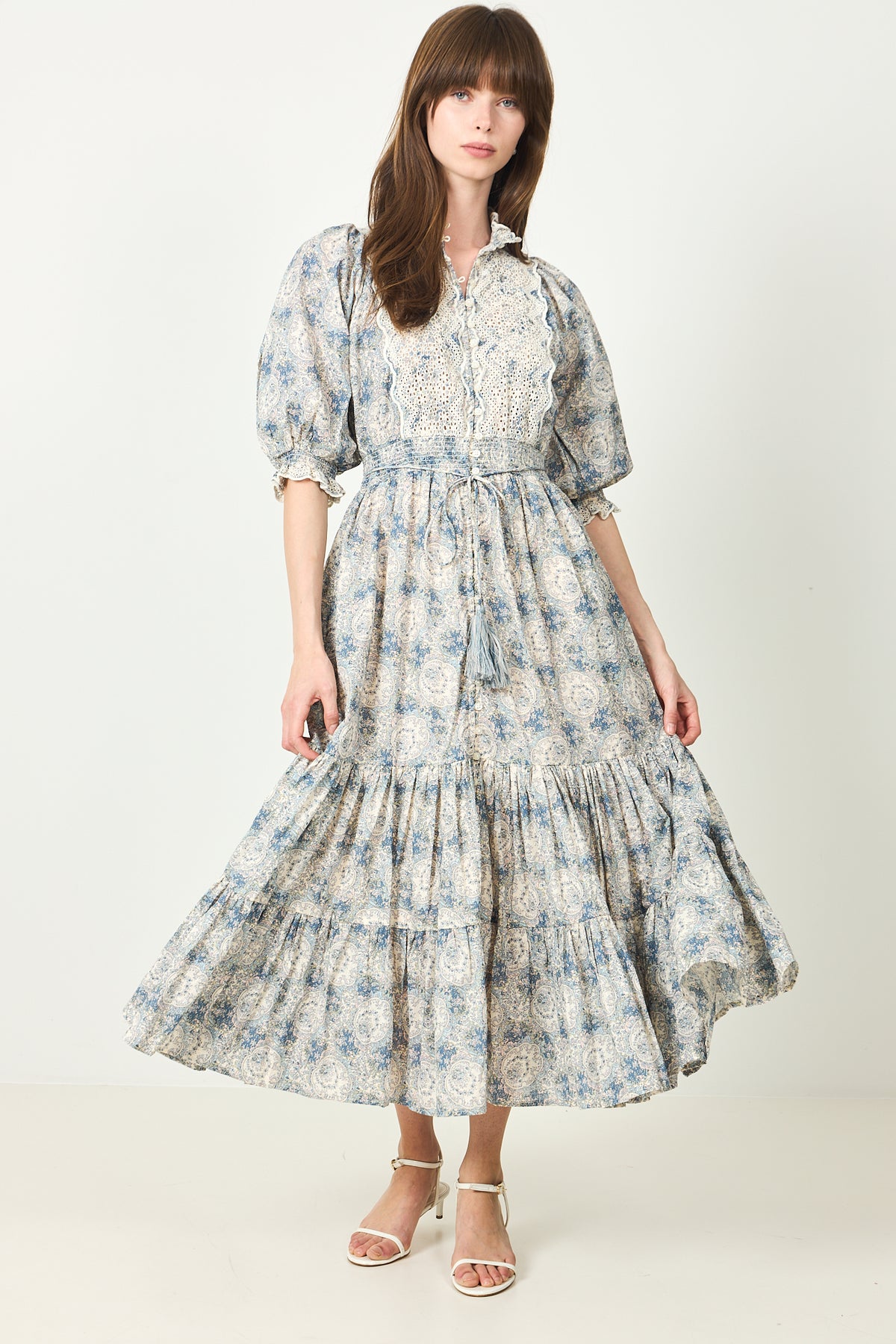 Cotten Slub Midi Dress -  Blue Paisley