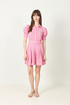 Seersucker Pleated Dress - Pink Checks