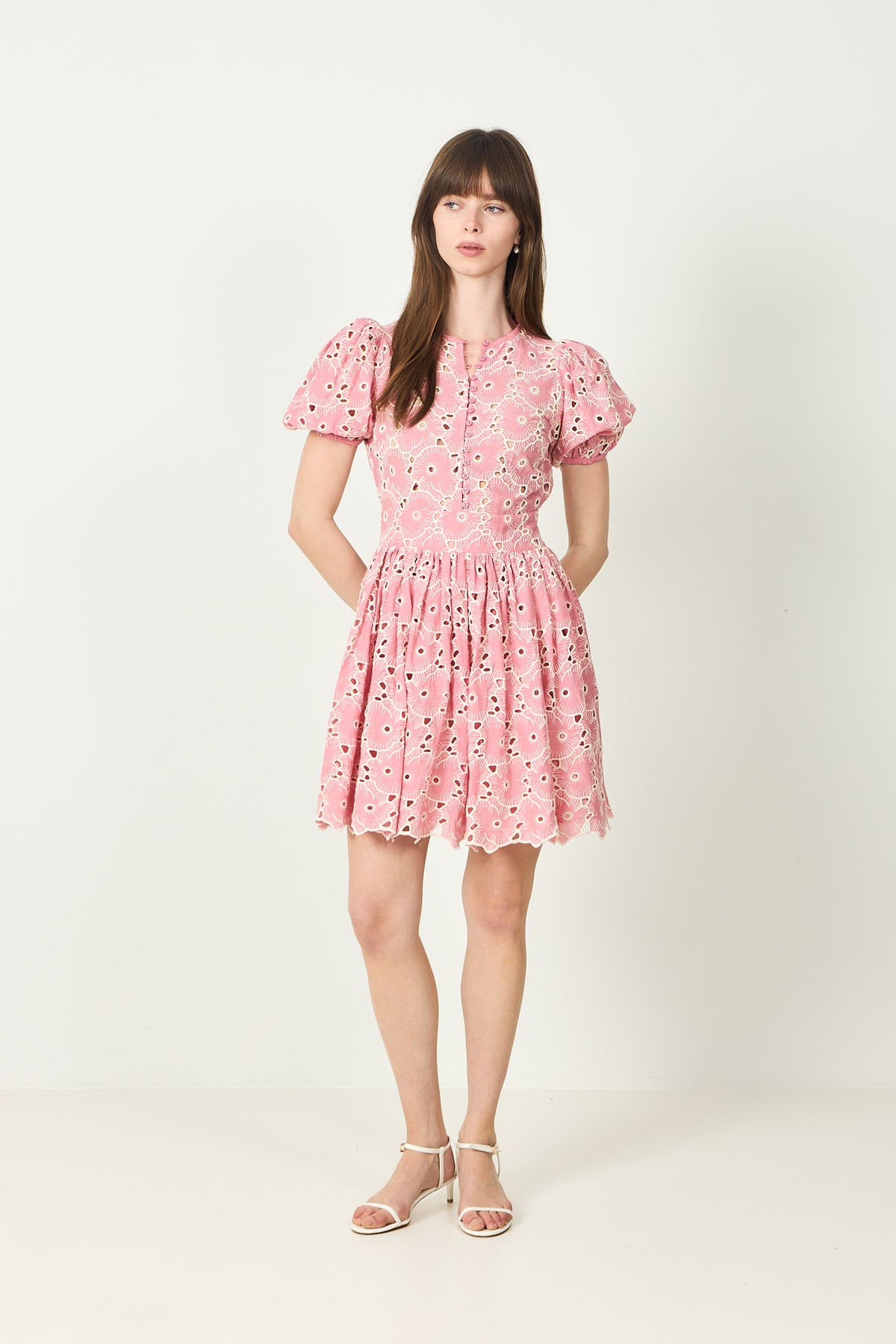 Broderie Anglaise Puffed Dress -  Rose Pink