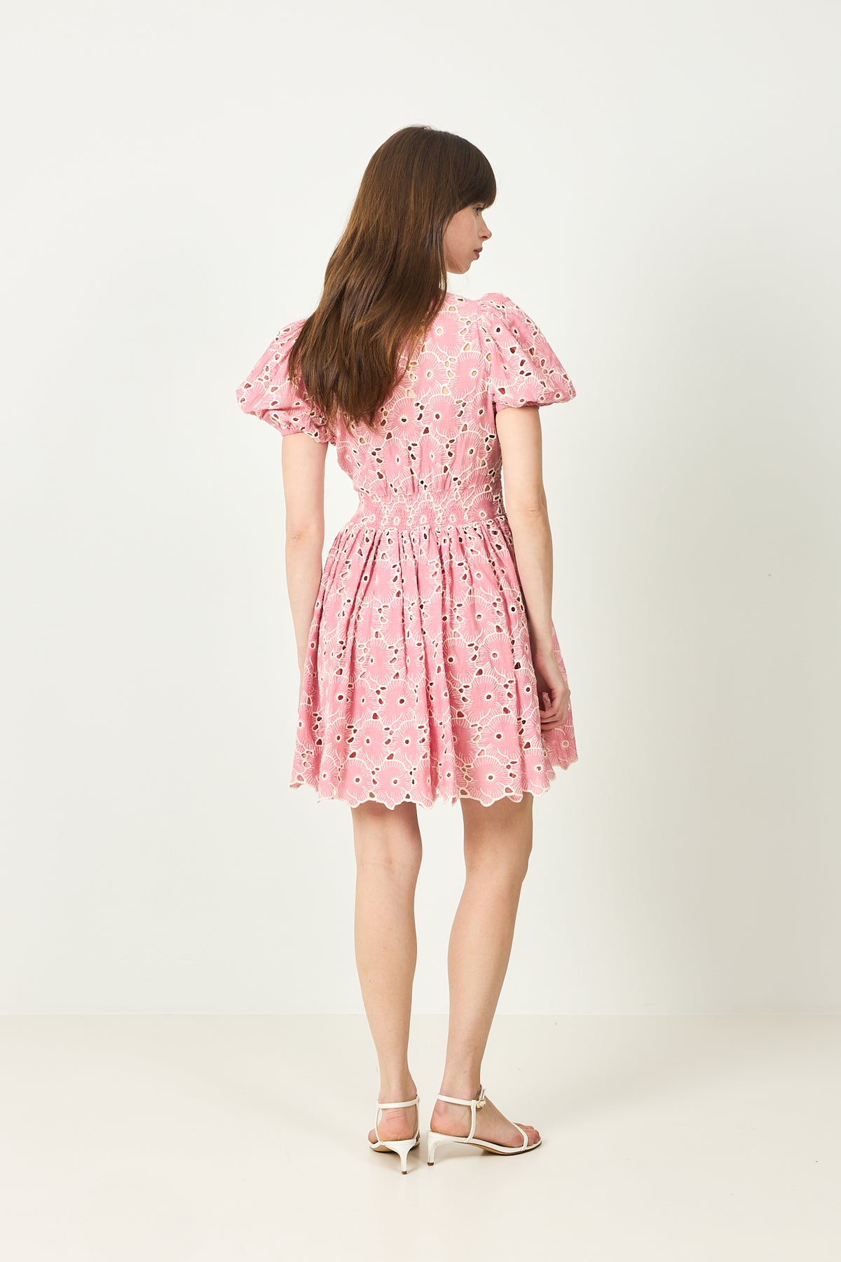 Broderie Anglaise Puffed Dress -  Rose Pink