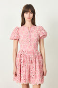Broderie Anglaise Puffed Dress -  Rose Pink
