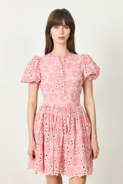 Broderie Anglaise Puffed Dress -  Rose Pink