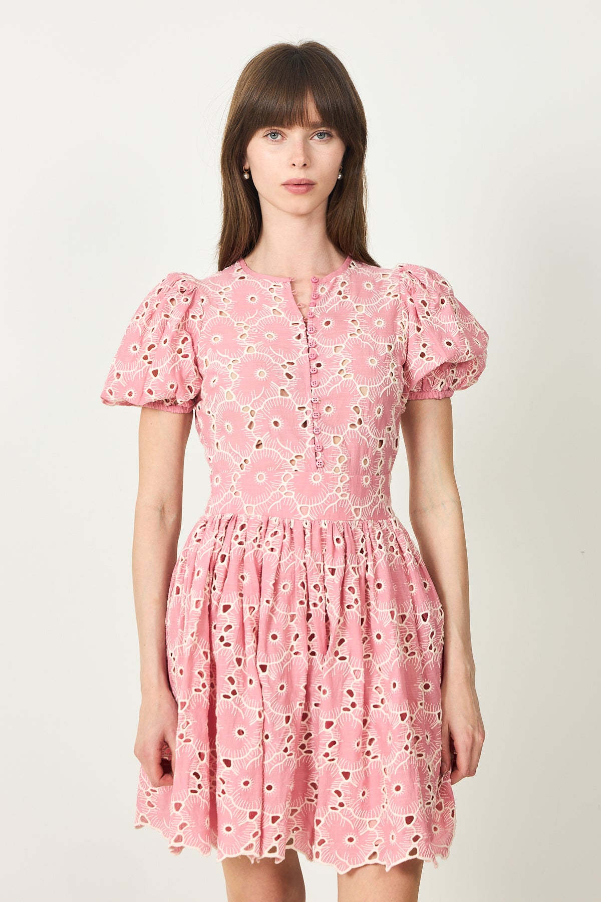 Broderie Anglaise Puffed Dress -  Rose Pink