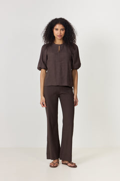 Molly Stretch Linen Pants - Dark Brown