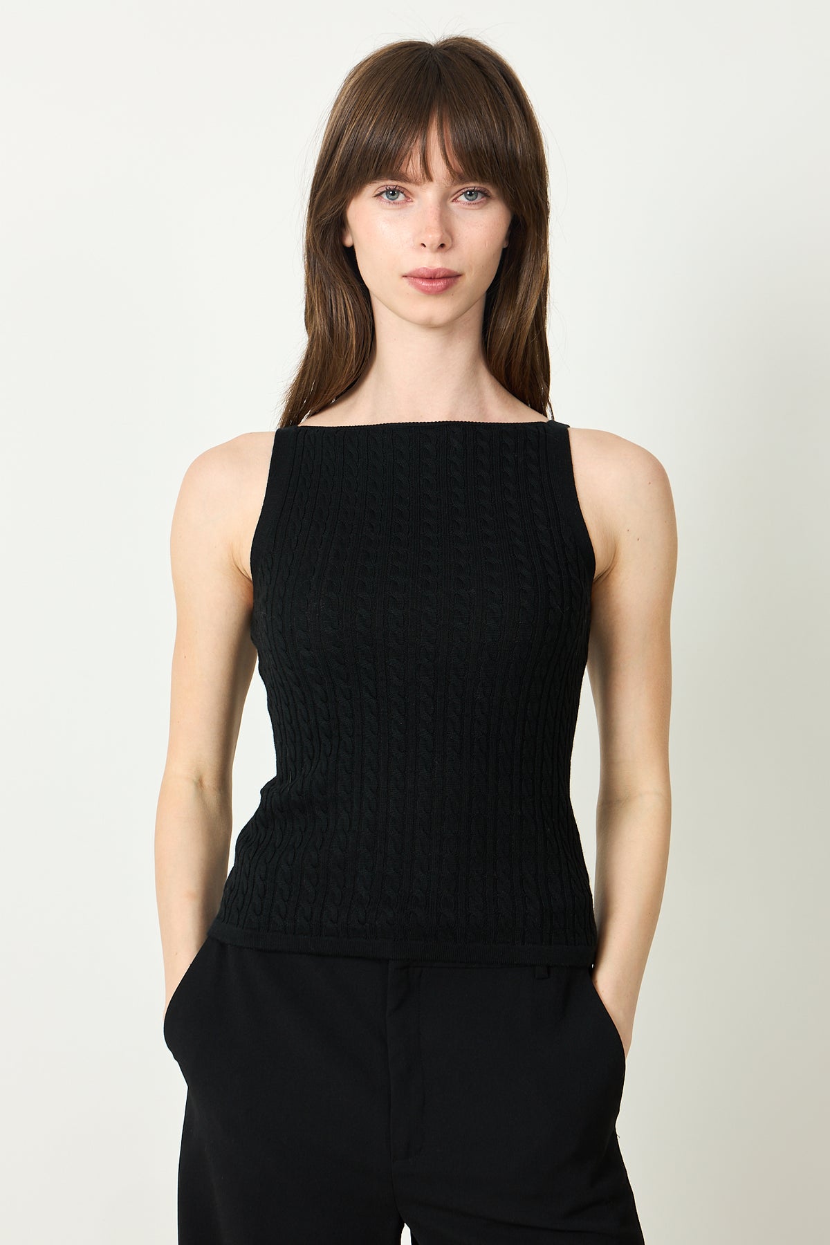 Fine Knit Cable Knit Singlet - Black