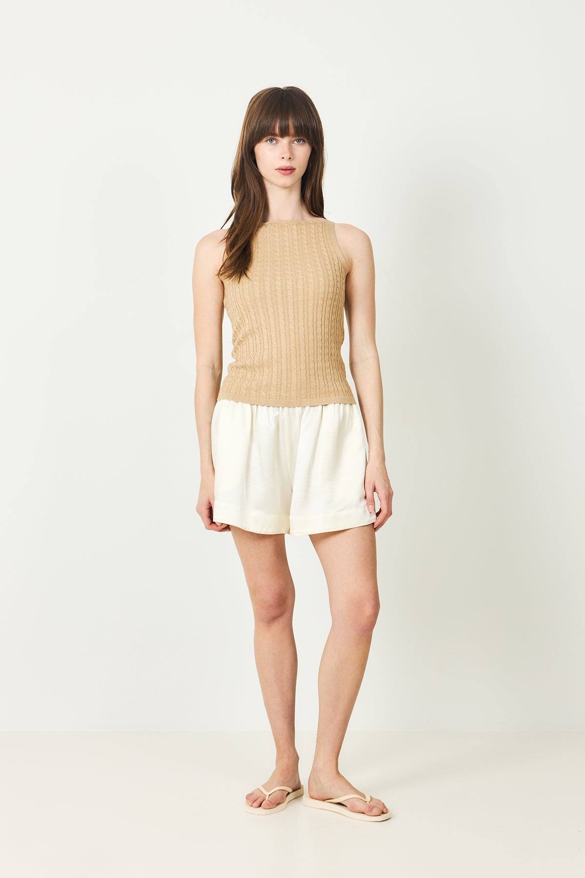 Fine Knit Cable Knit Singlet - Camel