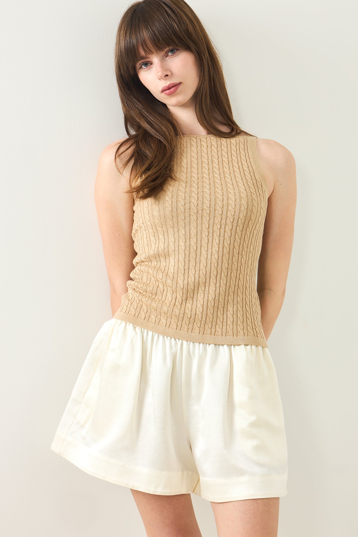 Fine Knit Cable Knit Singlet - Camel