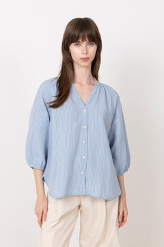 Cleo-Alberta Linen Blend Shirt - Dusty Blue Bright White