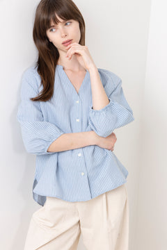 Cleo-Alberta Linen Blend Shirt - Dusty Blue Bright White