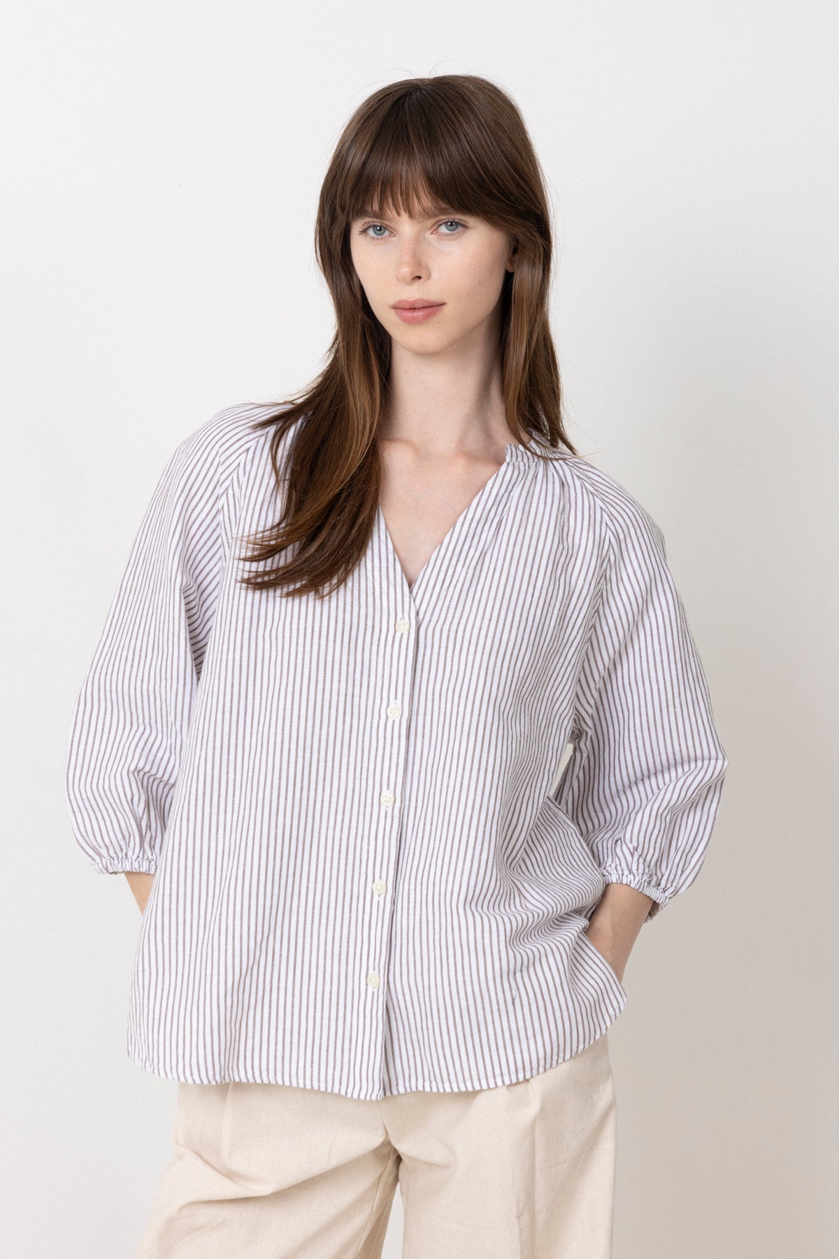 Cleo-Alberta Linen Blend Shirt - Bright White Chocolate Chip