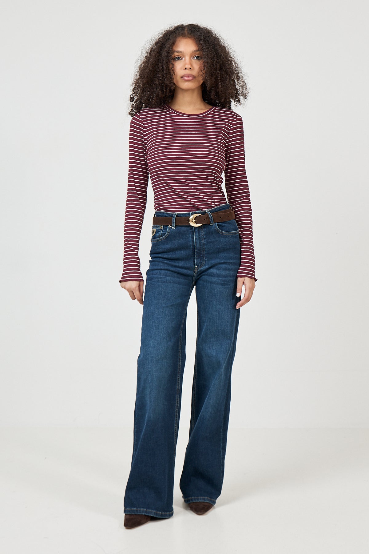 Anna Ls Crew Neck Tee Str - Tawny Port W Snow White Stripes