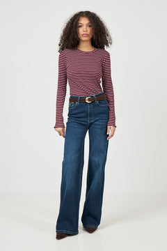 Anna Ls Crew Neck Tee Str - Tawny Port W Snow White Stripes