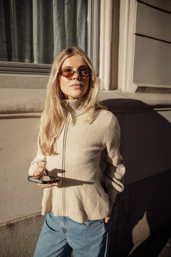 Mai Wool Zip Cardigan - Beige Melange