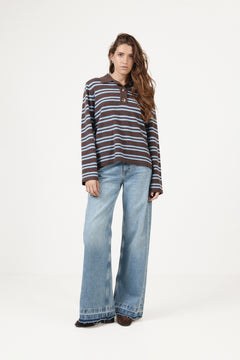 Kaja Wool Polo Sweater - Brown/Light Blue