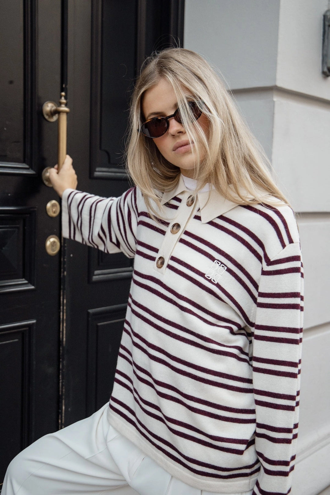 Kaja Wool Polo Sweater - Creme/Bordeaux