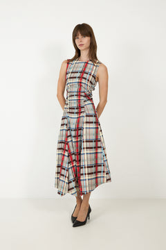 Sleeveless Gathered Midi Dress - Scarlet Grid