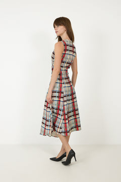 Sleeveless Gathered Midi Dress - Scarlet Grid