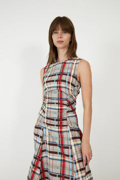 Sleeveless Gathered Midi Dress - Scarlet Grid