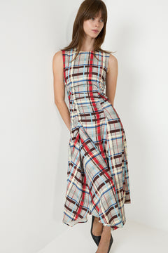 Sleeveless Gathered Midi Dress - Scarlet Grid