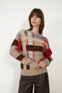 Long Sleeve Crewneck Knit - Scarlet Grid