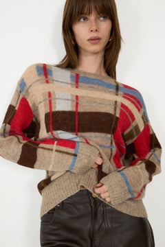 Long Sleeve Crewneck Knit - Scarlet Grid