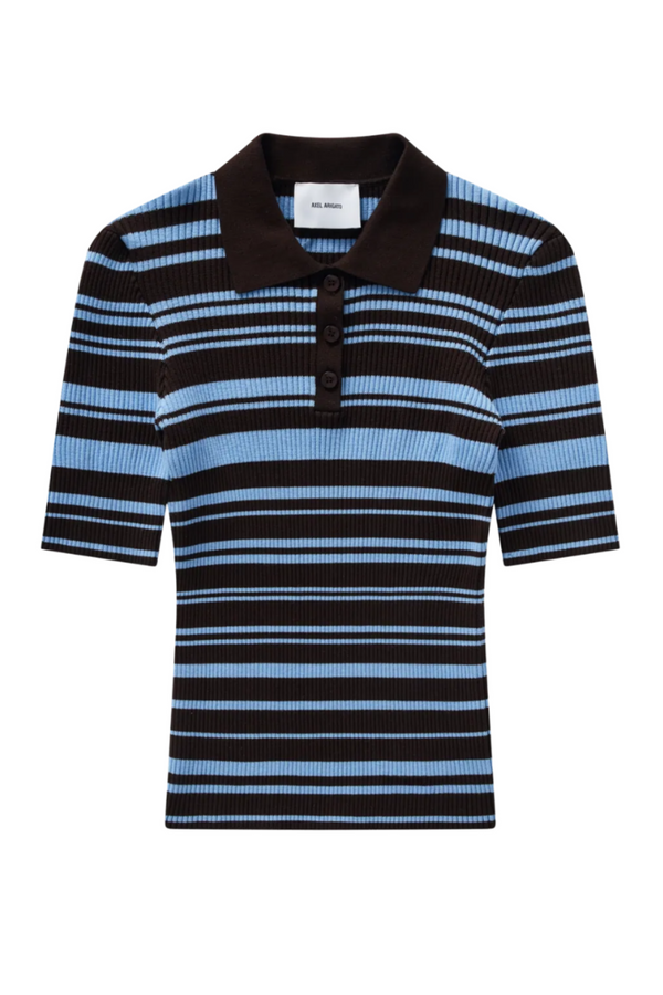 Anja Ribbed Polo Top - Dark Brown/light Blue