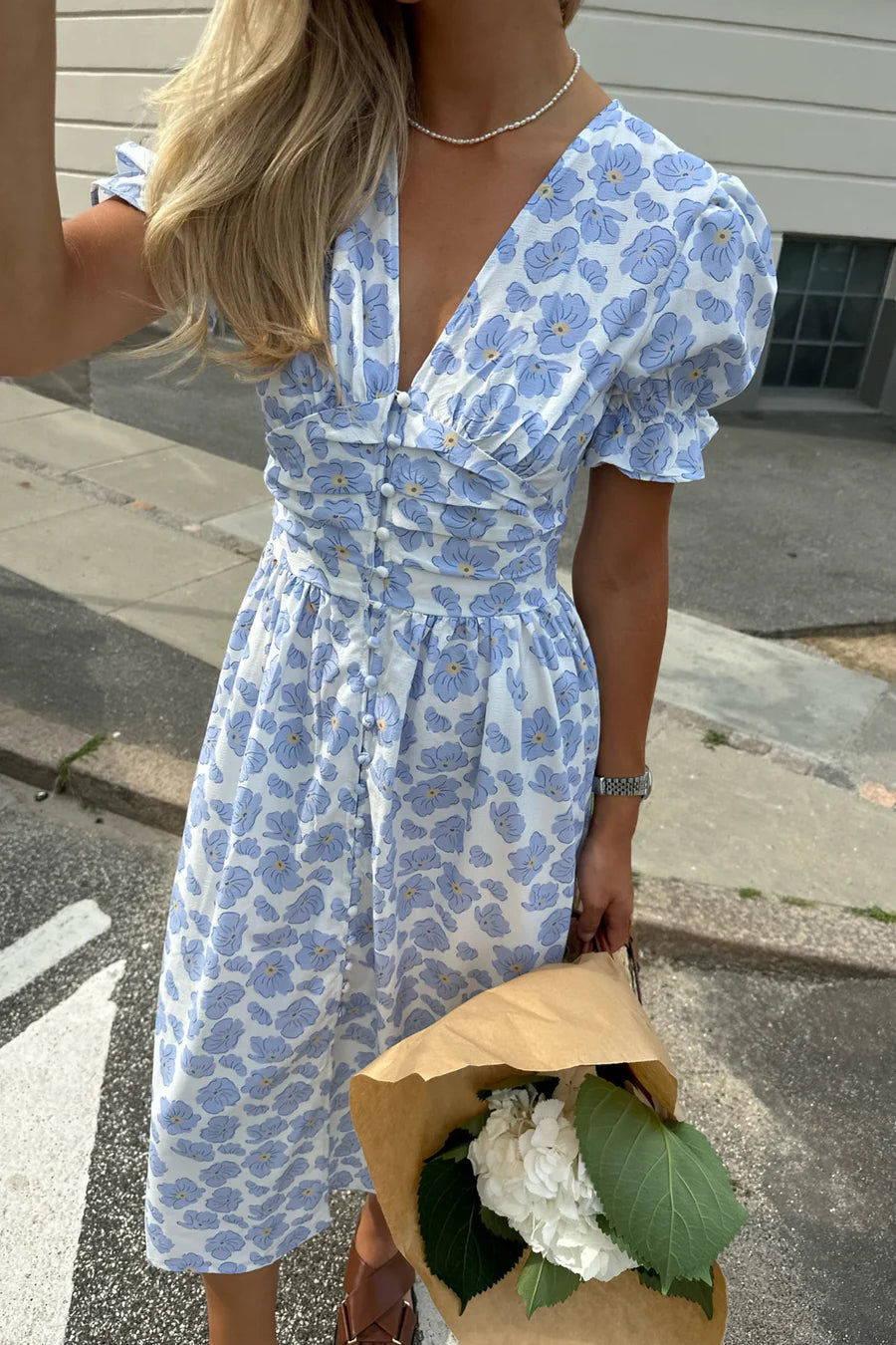 Adelic Long Ss Dress - Blue Dazzling Flower