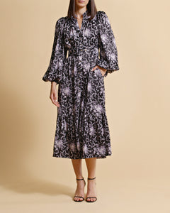 Crépe Satin Midi Dress - Night Flowers