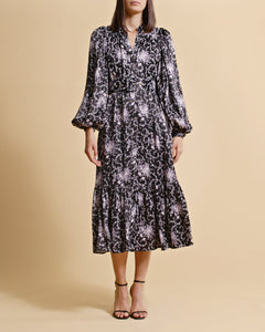 Crépe Satin Midi Dress - Night Flowers