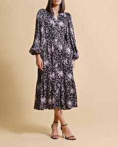 Crépe Satin Midi Dress - Night Flowers