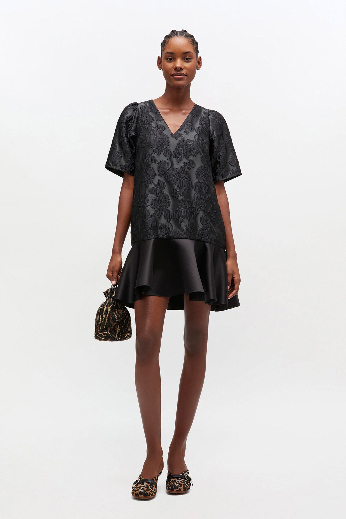 Satin Cloque Mini V-Neck Dress - Black