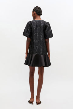 Satin Cloque Mini V-Neck Dress - Black