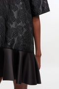 Satin Cloque Mini V-Neck Dress - Black