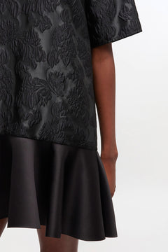 Satin Cloque Mini V-Neck Dress - Black