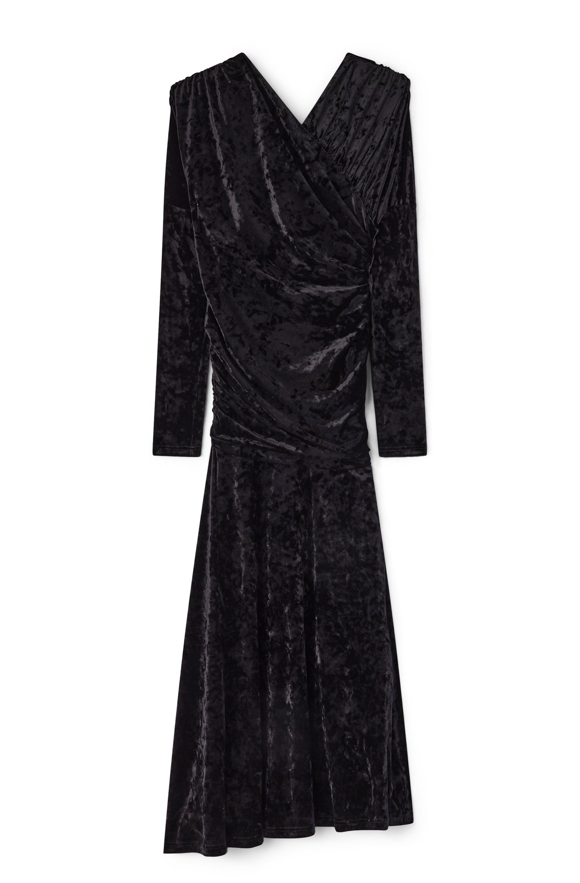 Velour Jersey Ruched Long  Dress - Black