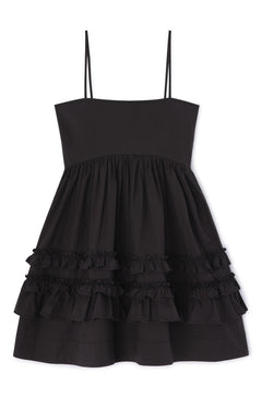 Stretch Cotton Mini Strap Dress W. Frills - Black